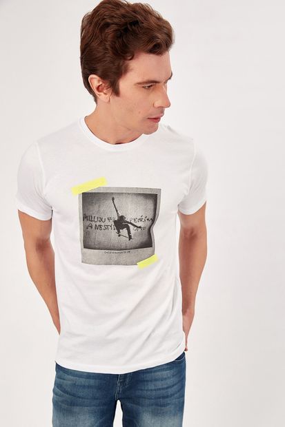 Manche Beyaz Erkek Neon Baskili T-shirt | Me20s214740 - 3