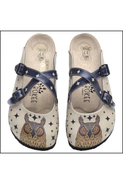 Women's Beige Night Owl Printed Slippers