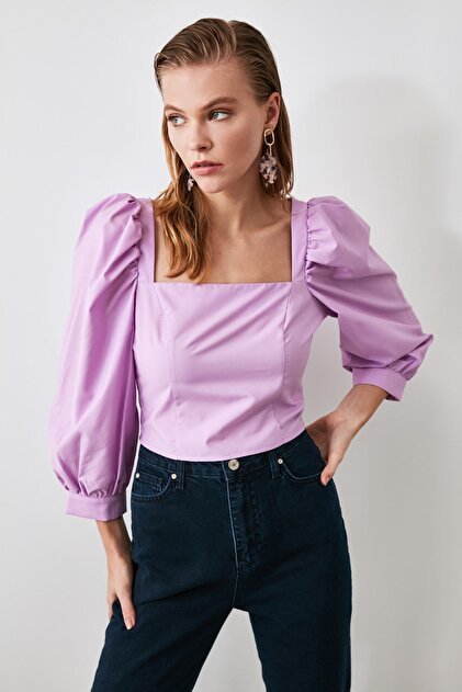 Lilac Square Collar Balloon Sleeve Woven Blouse TWOAW21BZ0210