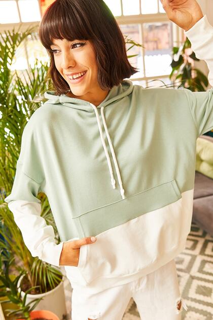 Olalook Kadın Mint Yeşili 2 Renkli Oversize Sweatshirt SWT
