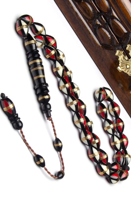 Men's System Tasseled 8X12Mm Red and White Enameled Spiral Kuka Prayer Beads