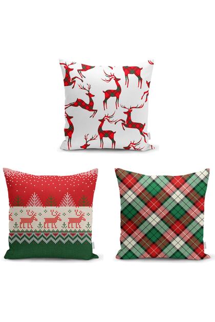 Plaid New Year's 3-Piece Pillow and Cushion Cover Set
