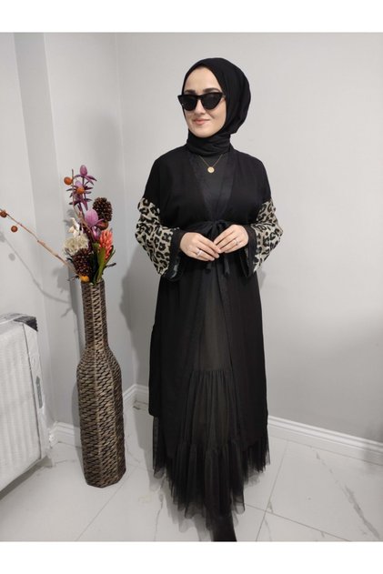 Black Kimono with Leopard Sleeve Detail