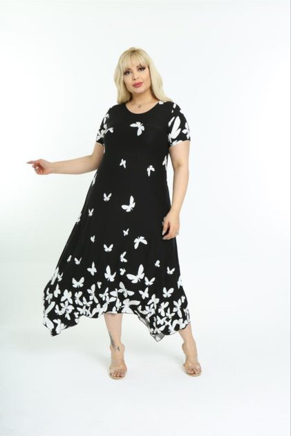 Plus Size Women's Relaxed Cut Patterned Short Sleeve Asymmetrical Viscose Combed Cotton Dress