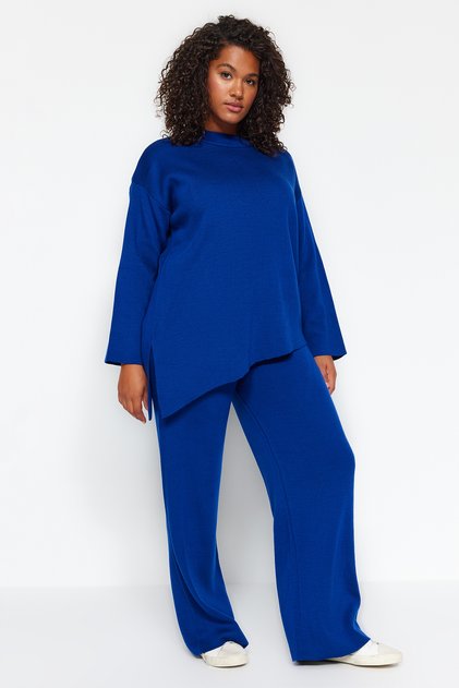 Cobalt blue High Collar Slit Detailed Knitwear Top and Bottom Set Tbbaw24Cp00013