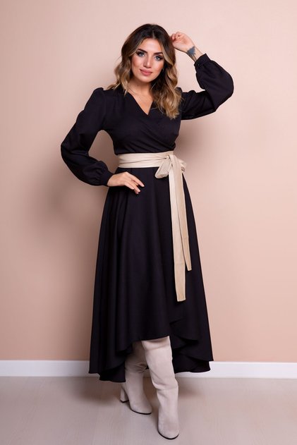 Black Asymmetric Cut Cream Faux Belt Accessory Long Sleeve Double Breasted Pattern Dress