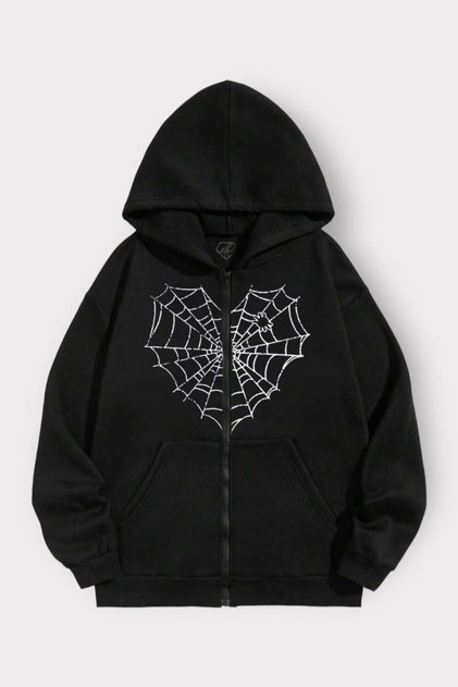 Gofeel Harajuku Kapüşonlu Spider Heart Web Baskılı Fermuarlı Siyah