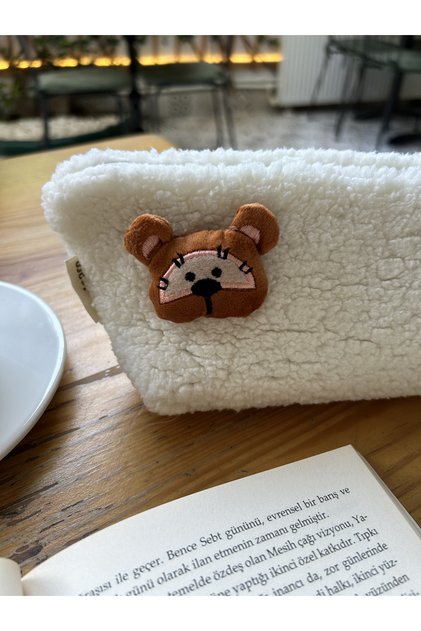 Cute Teddy Bear Plush Washable Zippered Gingham Lined Cloth Pen Holder Pencil Case Makeup Bag