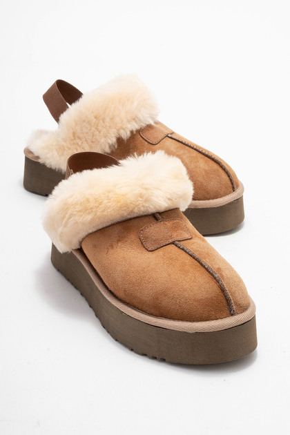 靴 theredthread S hairy fur mule luvishoes OLESSA Taba Hakiki Deri Süet Kadın Kürklü Terlik