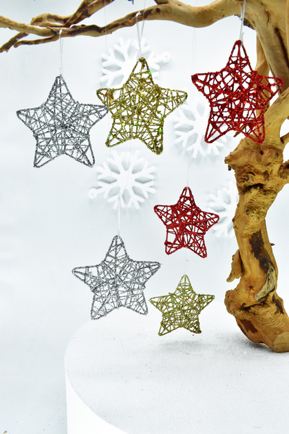 Premium collection 6-piece star christmas ornament set - red, silver & gold