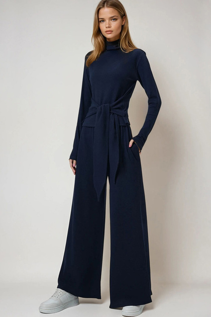 Navy Blue Stand Collar Tie-Detail Blouse and Double Pocket Trouser Set Alc-X14678