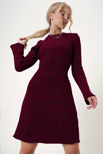 Women's Burgundy Crew Neck Knitwear Dress Alc-X12748