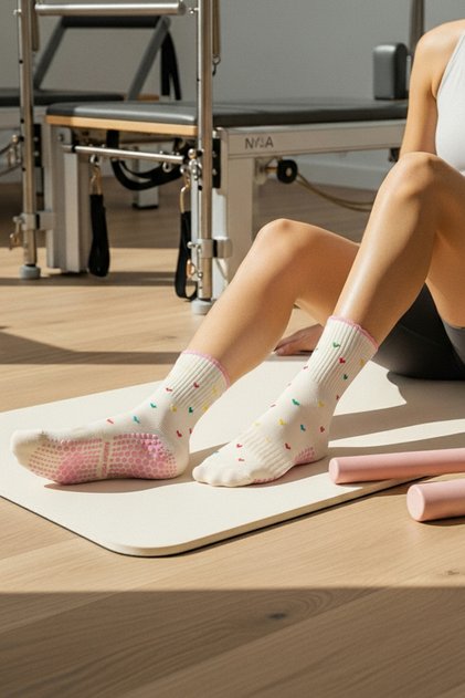 Ecru Cotton Blended Heart Patterned Non-Slip Towel Sole Yoga/Pilates Knitted Socks Thmaw26Co00019