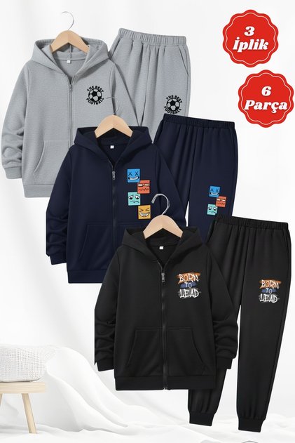3-Thread Thick Winter Printed Detail Zip-Up Hooded 6-Piece Boys' Tracksuit Set