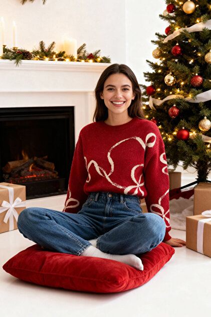 Red New Year Themed Soft Textured Glitter Patterned Knitwear Sweater Twoaw26Kz00175