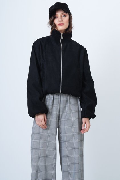Women's Black Mock Neck Elastic Waist Bomber Jacket Alc-X14692