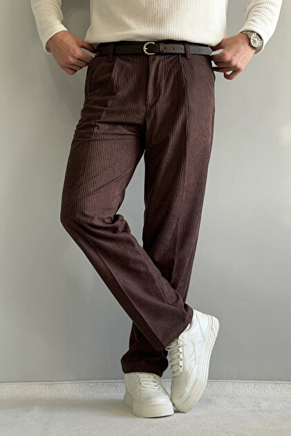 Trendyolmilla Man Kahverengi Erkek Baggy Fit Kadife Pantolon