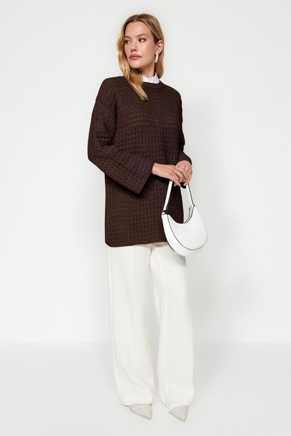 Brown Openwork/Hole-Punched Crew Neck Knitwear Sweater Tctaw24Ak00113