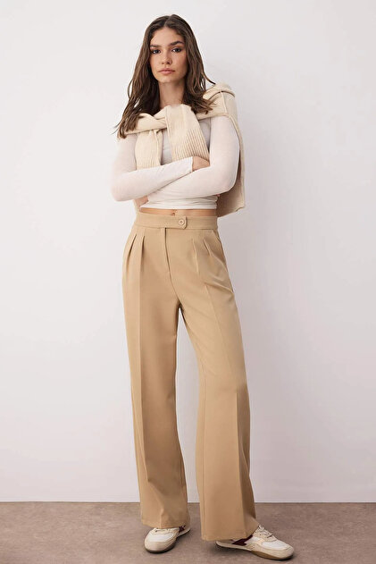 【TROVE】pino wide trousers Trendyol Collection Mink Wide Leg High Waist Woven Fabric Pants