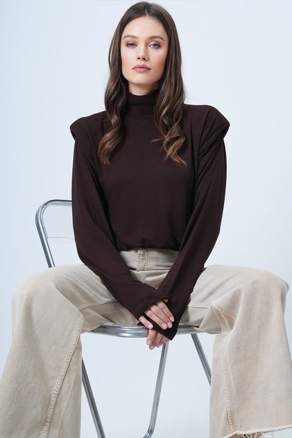 Bitter Brown Half Turtleneck Padded Blouse Alc-X14665