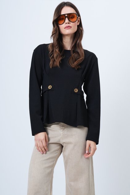 Black Wide Collar Blouse with Pencil Detail and Button Detail Alc-X14701