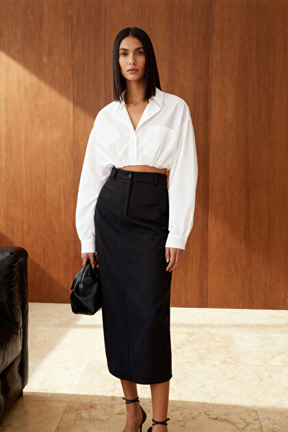 Trendyol Collection Black Waist Detail Pencil Straight Cut Slit
