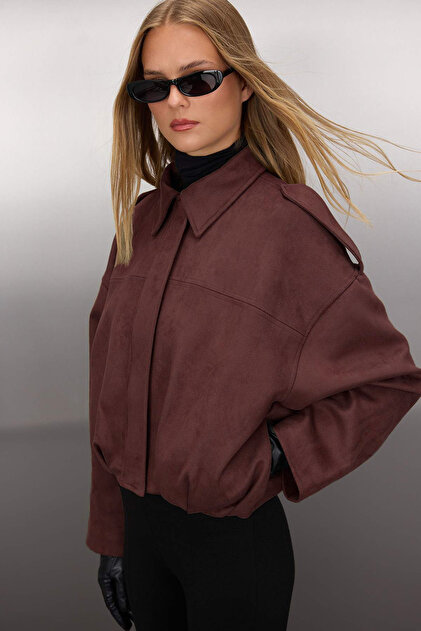 Dark Brown Oversized Suede Bomber Lightweight Jacket TWOAW26MO00125