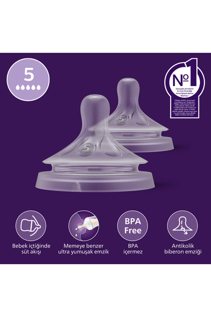 Philips Avent Doğal Tepkili 2'li Biberon Emziği, 5 Numara, SCY965