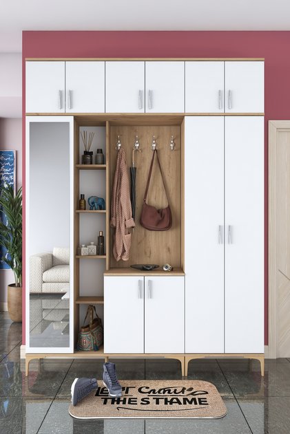 Rani Ea121 Portmanto Boy Aynalı Raflı Ayakkabılık Vestiyer Sepet Ceviz - Beyaz
