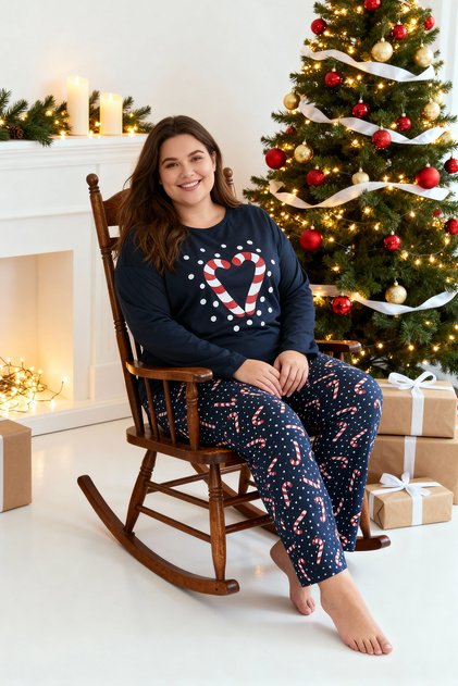 Navy Blue Christmas Themed Knitted Pajamas Set Tbbaw23Ai00044