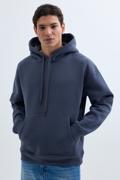 Unisex Oversize Wide Cut Cotton Soft Textured Basic Gray Hooded Sweatshirt with Fleece Inside