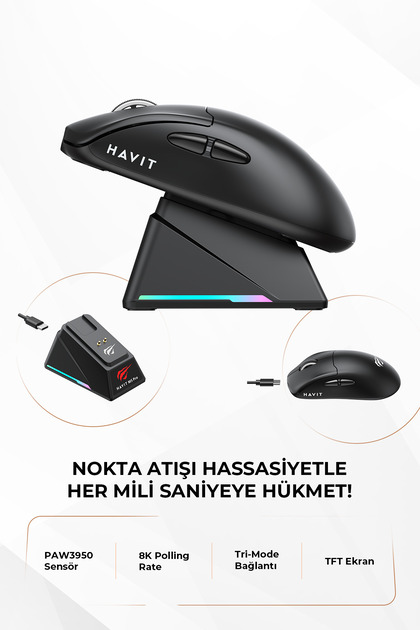 Gamenote M5 PRO Superlight Kablosuz Gaming Mouse - 30.000 DPI, PAW3950 - RGB Şarj Standlı - Ekranlı