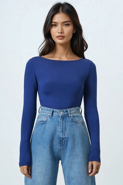 Women's Navy Blue Boat Neck Basic Blouse Alc-X14395