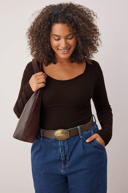 Kahverengi Kaşkorse Crop Örme Büyük Beden Bluz TBBAW26AF00057
