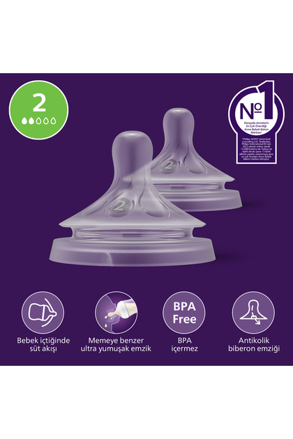 Philips Avent Doğal Tepkili 2'li Biberon Emziği, 2 Numara, SCY962