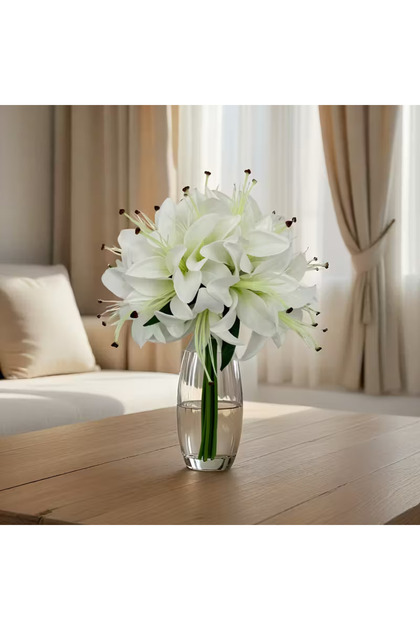 12li Cipsolu Lüx Yapay Lilyum Buketi 35 cm Beyaz