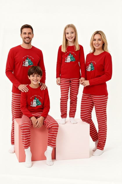 Rotes, weiches, strukturiertes, bedrucktes, reguläres, gestricktes Unisex-Kinderpyjama-Set TKDAW26PT00004