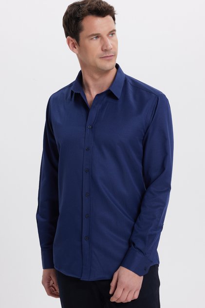 Modern Slim Fit Long Sleeve Cotton Easy-Iron Dobby Navy Blue Men's Shirt