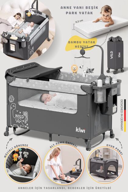 Kiwi WildNest 3in1 Anne Yanı Park Yatak Katlanır Beşik, Tekerlekli