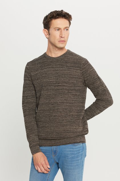 Men's Brown-beige Standard Fit Regular Cut Crew Neck Patterned Knitwear Sweater