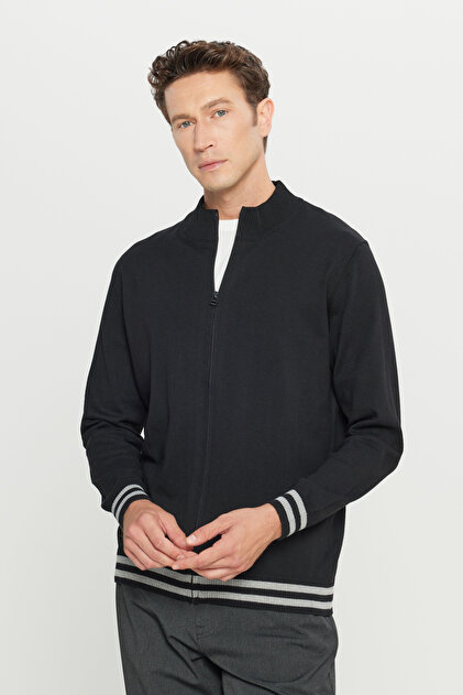 AC&Co / Altınyıldız Classics Men's Black Cotton Mock Neck Zippered