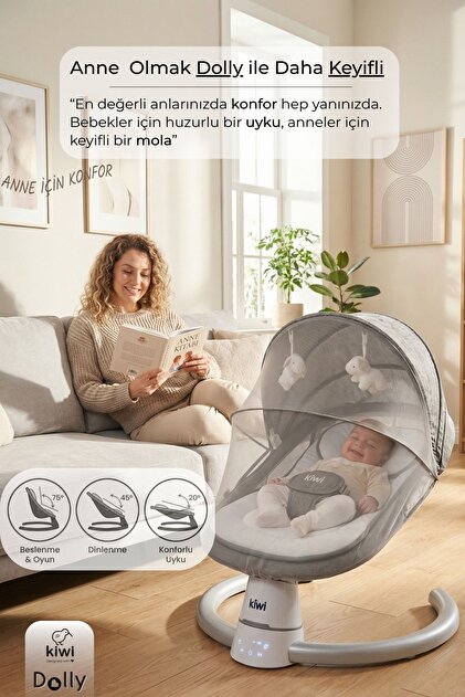 Kiwi DollyPlus 2in1 Otomatik Sallanan Kademe Ayarlı Beşik ve