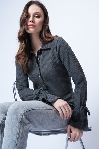 Women's Anthracite Shirt Collar Buttoned Sleeves Knitted Blouse Alc-X14728