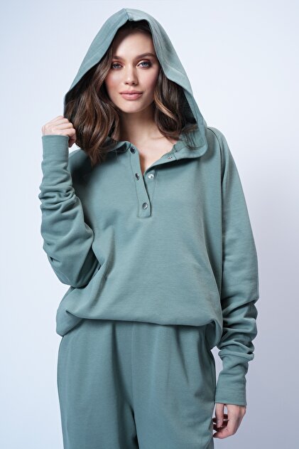 Trend Alaçatı Stili Mint Kapüşonlu Çıtçıtlı Oversize Sweatshirt Ve