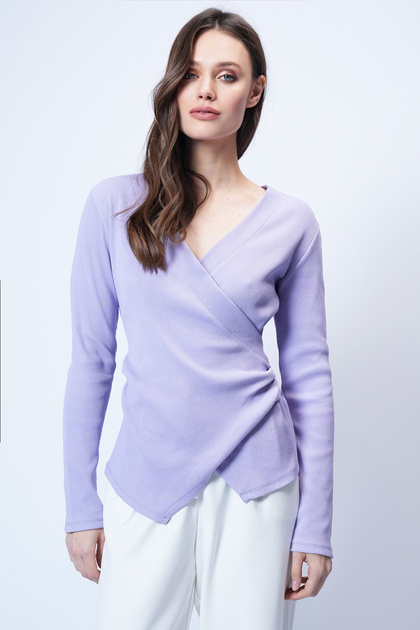 Trend Alaçatı Stili Lila Kruvaze Kesim Drape Detaylı Bluz ALC