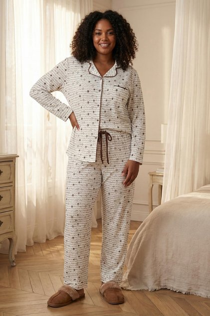 Braunes Pyjama-Set mit Eulenmuster und Strickmuster am Hemdkragen TBBAW26AI00039