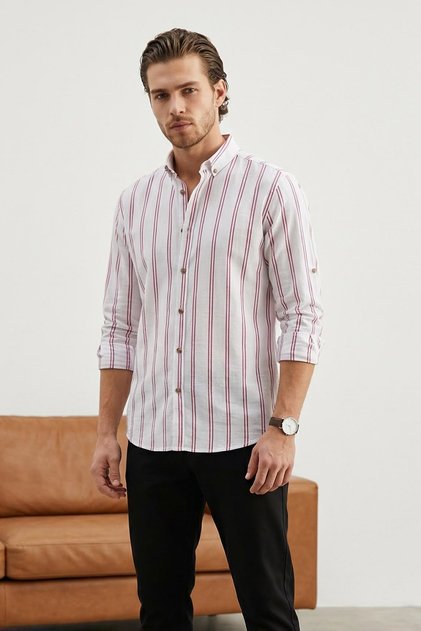 Bordová*001 Slim Fit košeľa s golierom a tenkými prúžkami TMNSS20GO0092