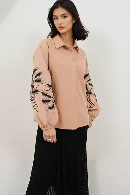 Beige Embroidered Balloon Sleeve Poplin Shirt Alc-X14843