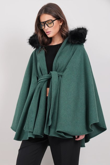 Women's Olive Green Fur Collar Cashmere Belted Cape Alc-X14921