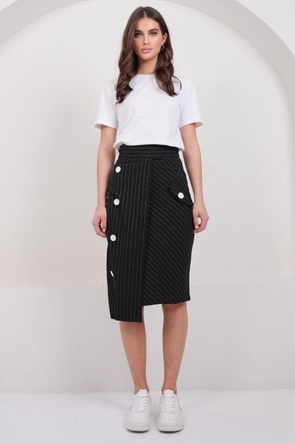 Women's Black-Striped Wrap Cut Ornamental Pocket Unlined Midi Length Skirt Alc-X14982